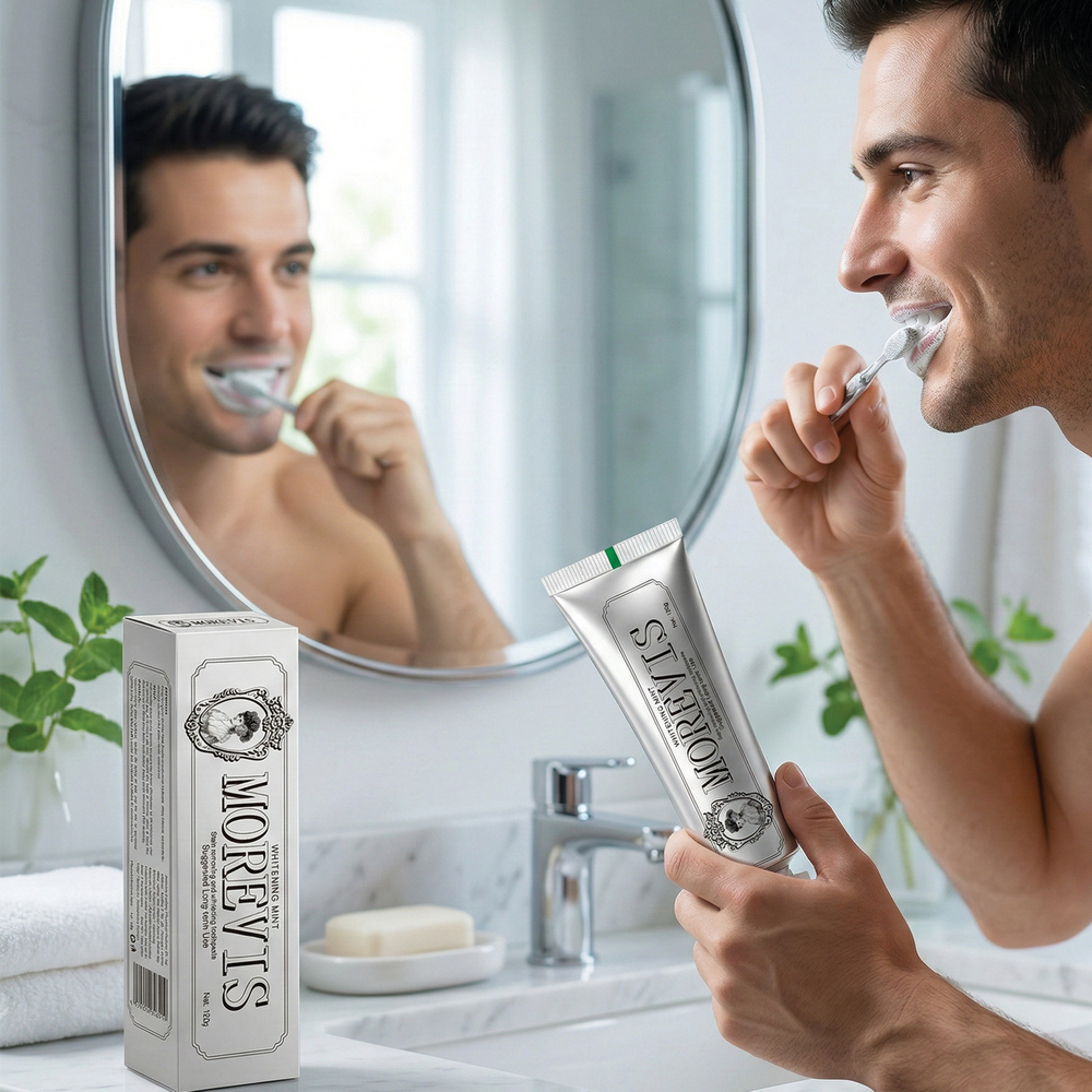 عرض معجون Morevis للتبييض بالنعناع + فرشاة الأسنان السيليكون الكهربائية طويلة الامد - الصورة 5